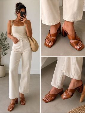 Zara Brown Leather Cross-Strap Block Heel Mules EU41
